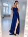 a line straps royal blue simple long prom dress with slit