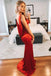 sleek mermaid v neck red cowl back prom evening dress with slit