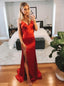 Sleek Mermaid V-Neck Red Cowl Back Prom Evening Dress with Slit MP359