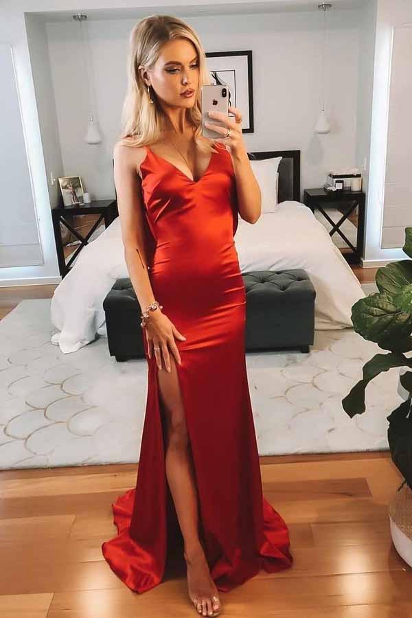 Sexy Mermaid V-Neck Red Cowl Back Prom Evening Dress with Slit MP359