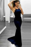 Spaghetti Straps Navy Blue Mermaid Prom Dress with Lace Edge MP357