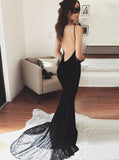Spaghetti Straps Backless Mermaid Black Prom Dress With Lace MP358