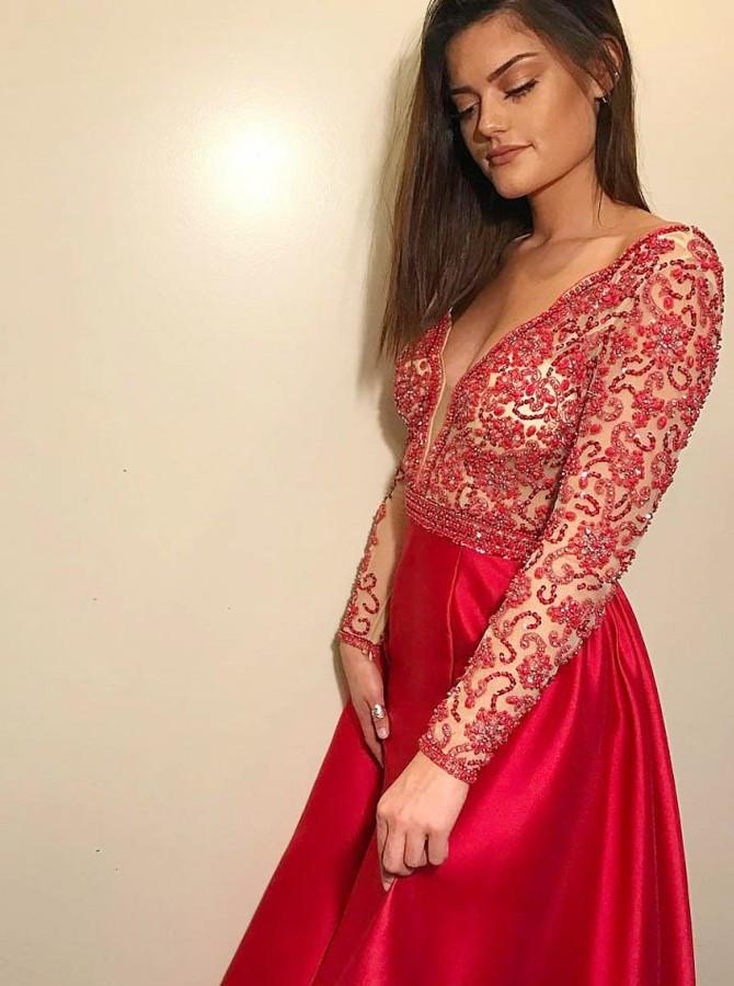 V-neck Beaded Long Sleeve Red Backless Prom Dresses Long Formal Dress MP210