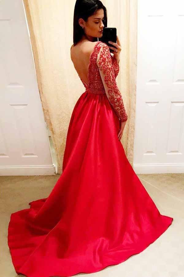 V-neck Beaded Long Sleeve Red Backless Prom Dresses Long Formal Dress MP210