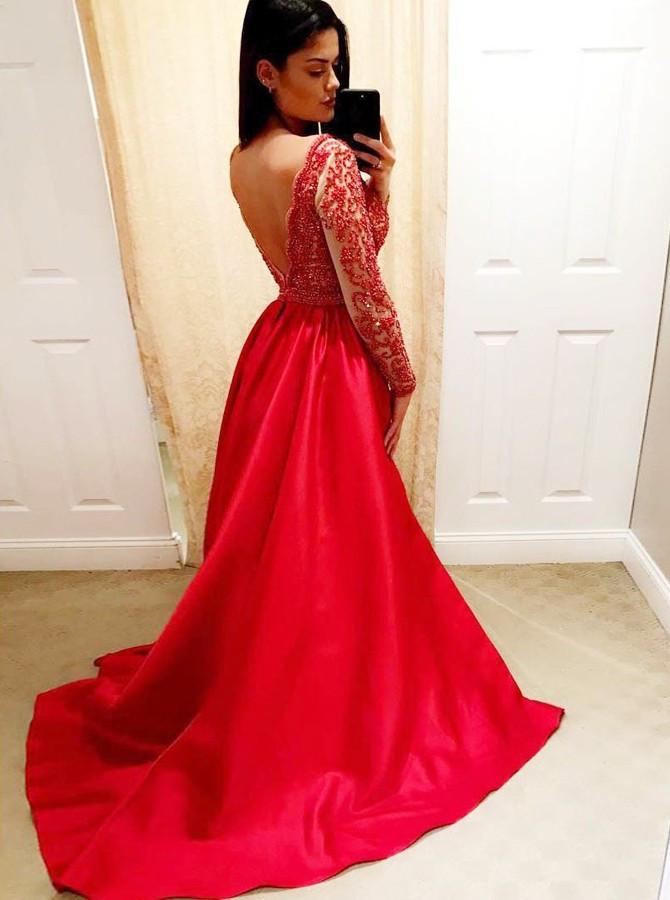 v neck beaded long sleeve red backless prom dresses long formal dress