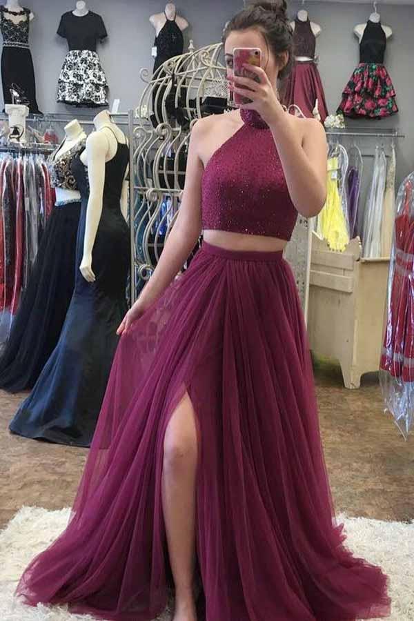 a line high neck tulle two piece prom dress with beading