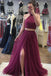a line high neck tulle two piece prom dress with beading