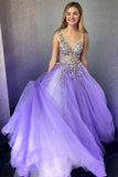 a line v neck lilac tulle formal prom dress with beading