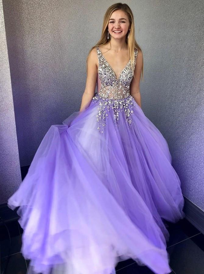 A-Line V-Neck Lilac Tulle Formal Prom Dress with Beading MP346