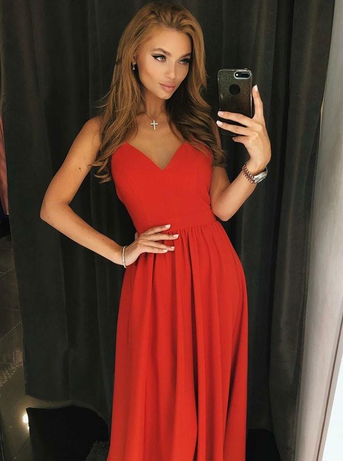 a line spaghetti straps backless red long prom dress