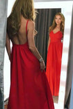 A-Line Spaghetti Straps Backless Red Long Prom Dress MP349
