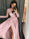 a line v neck long sleeves pink appliques prom dress with slit