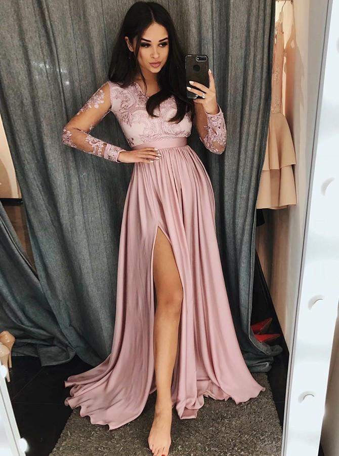 a line v neck long sleeves pink appliques prom dress with slit