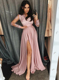 A-line V-Neck Long Sleeves Pink Appliques Prom Dress with Slit MP350