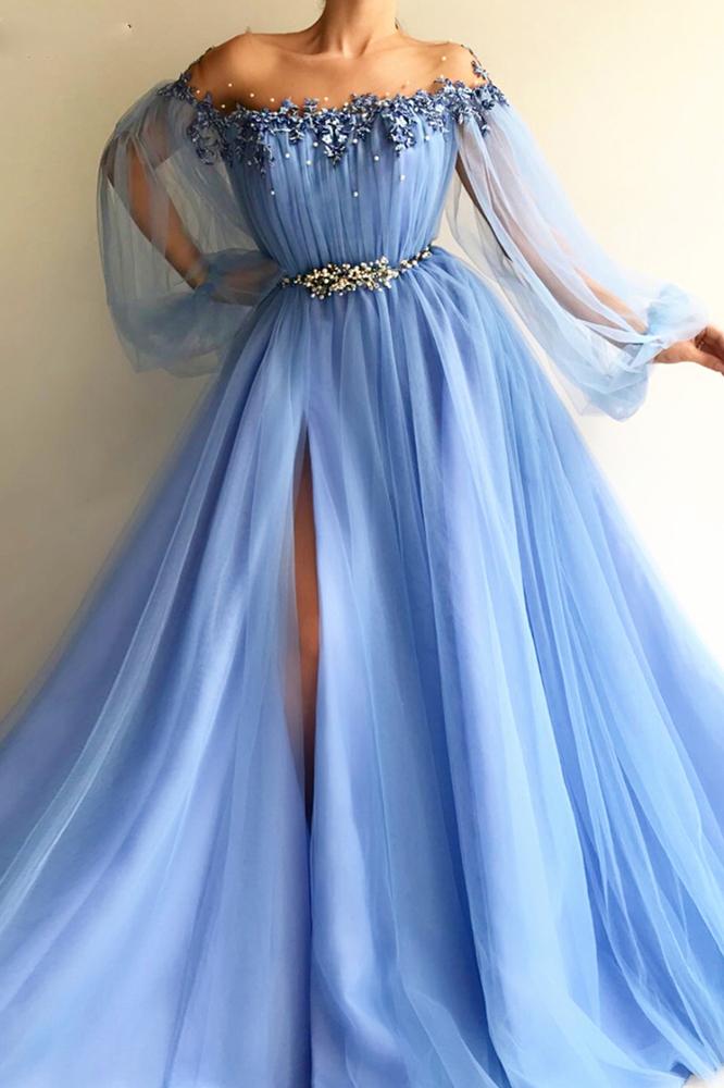 blue puff long sleeves prom dress beading applique split evening dress