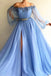 blue puff long sleeves prom dress beading applique split evening dress