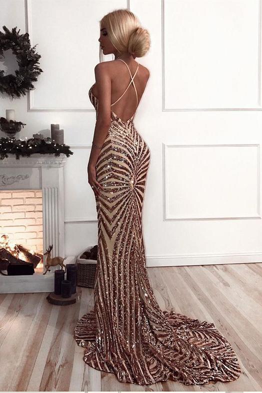 glitter backless mermaid sequins sleeveless long prom dress