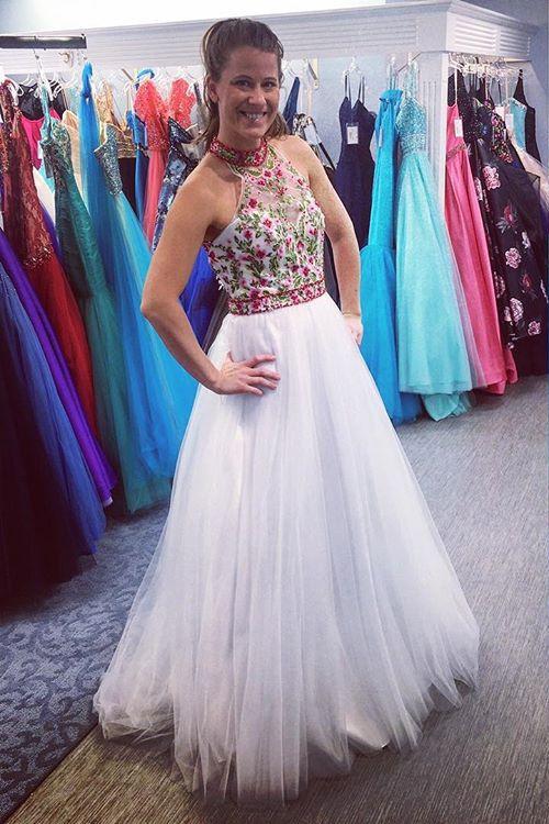 white long prom dress high neck open back with floral applique
