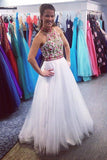 white long prom dress high neck open back with floral applique mp849