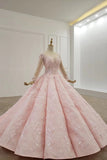 Sheer neck ball gown long sleeves blushing pink prom dress mg125