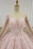 Sheer neck ball gown long sleeves blushing pink prom dress mg125