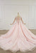 Sheer neck ball gown long sleeves blushing pink prom dress mg125
