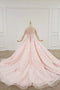 Sheer Neck Ball Gown Long Sleeves Blushing Pink Prom Dress MG125