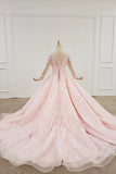 Sheer neck ball gown long sleeves blushing pink prom dress mg125