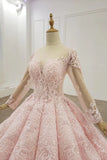 Sheer neck ball gown long sleeves blushing pink prom dress mg125