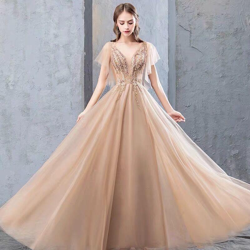 Charming a-line short sleeves tulle prom dresses long evening gown with beading mg149