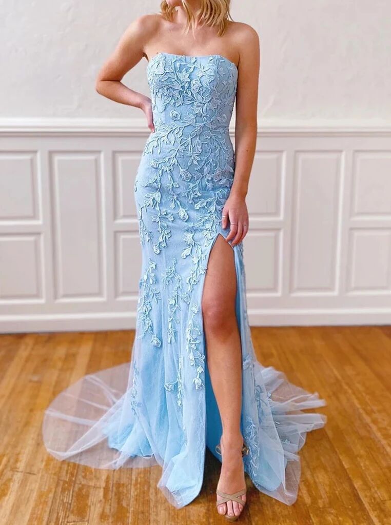 Sky Blue Strapless Mermaid Prom Dresses, Long Formal Evening Dresses MP02