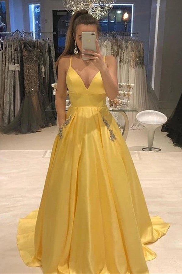 spaghetti straps v neck yellow satin prom dress with beaded pockets