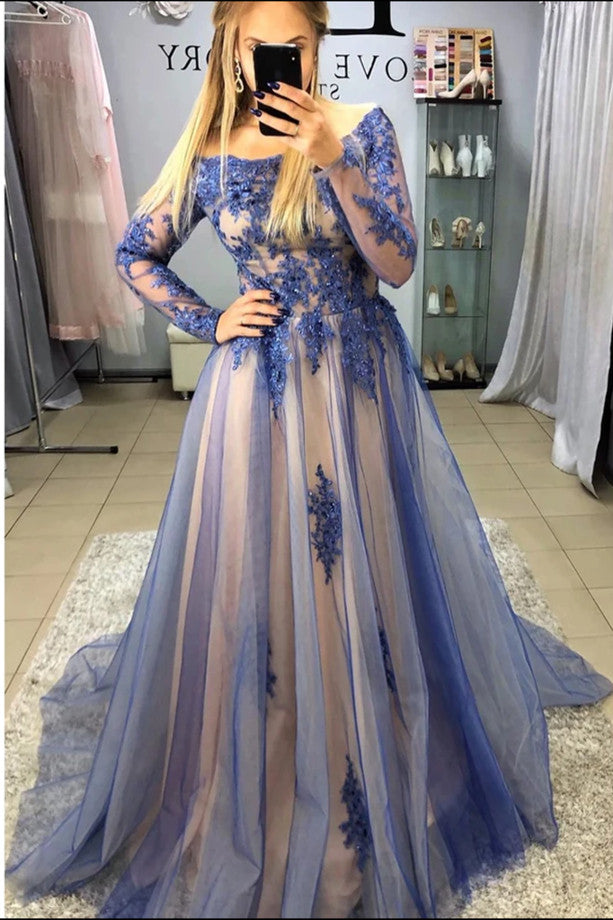 A-Line Long Sleeves Navy Blue Long Prom Dresses with Appliques MG112