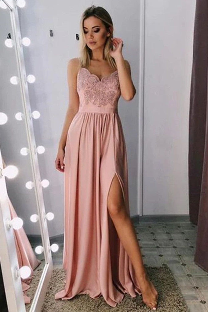 spaghetti straps blush long prom evening dress with side slit