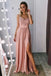 spaghetti straps blush long prom evening dress with side slit