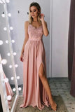 Spaghetti-straps Blush Long Prom Evening Dress With Side Slit MP308
