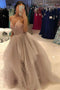 Spaghetti-straps V-neck Tulle Long Prom Dress, Sparkly Formal Evening Gown MP322