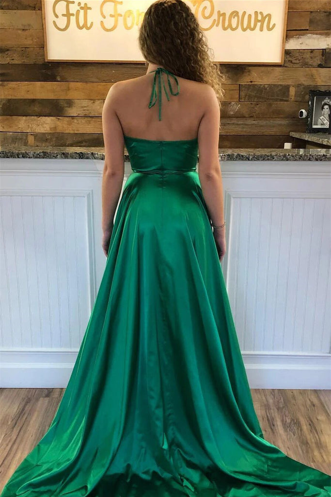 halter v neck green long prom dress simple evening gown with pockets