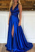 simple v neck royal blue long prom dress criss cross back with slit