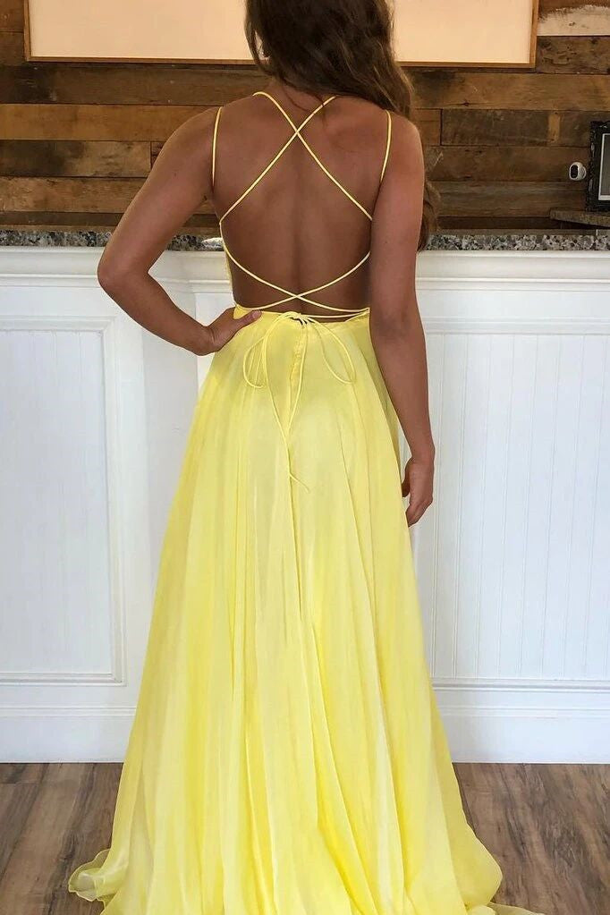 yellow long prom dress with beaded backless long evening gown