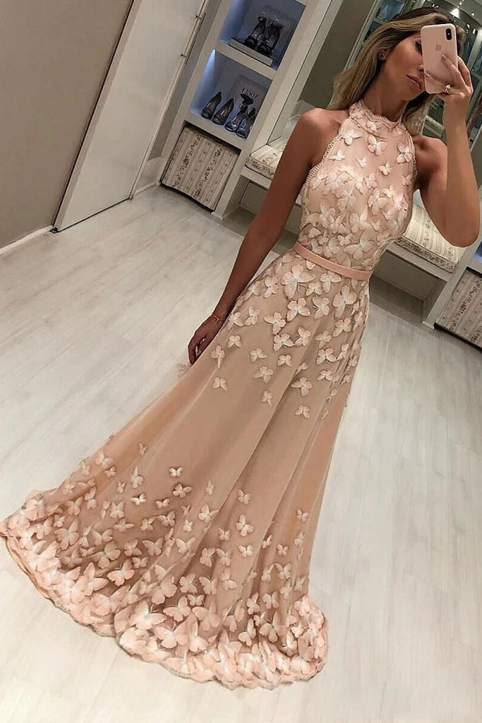 a line prom dress butterfly appliqued high neck formal long party gown
