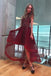 v neck high low asymmetry burgundy prom dress with beading