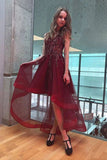V-neck High Low Asymmetry Burgundy Prom Dress with Beading MG12