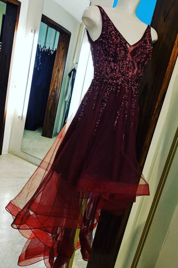 v neck high low asymmetry burgundy prom dress with beading