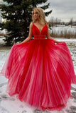 A-line V-neck Red Ombre Prom Dress, Ombre Beading Long Formal Dress MP1106