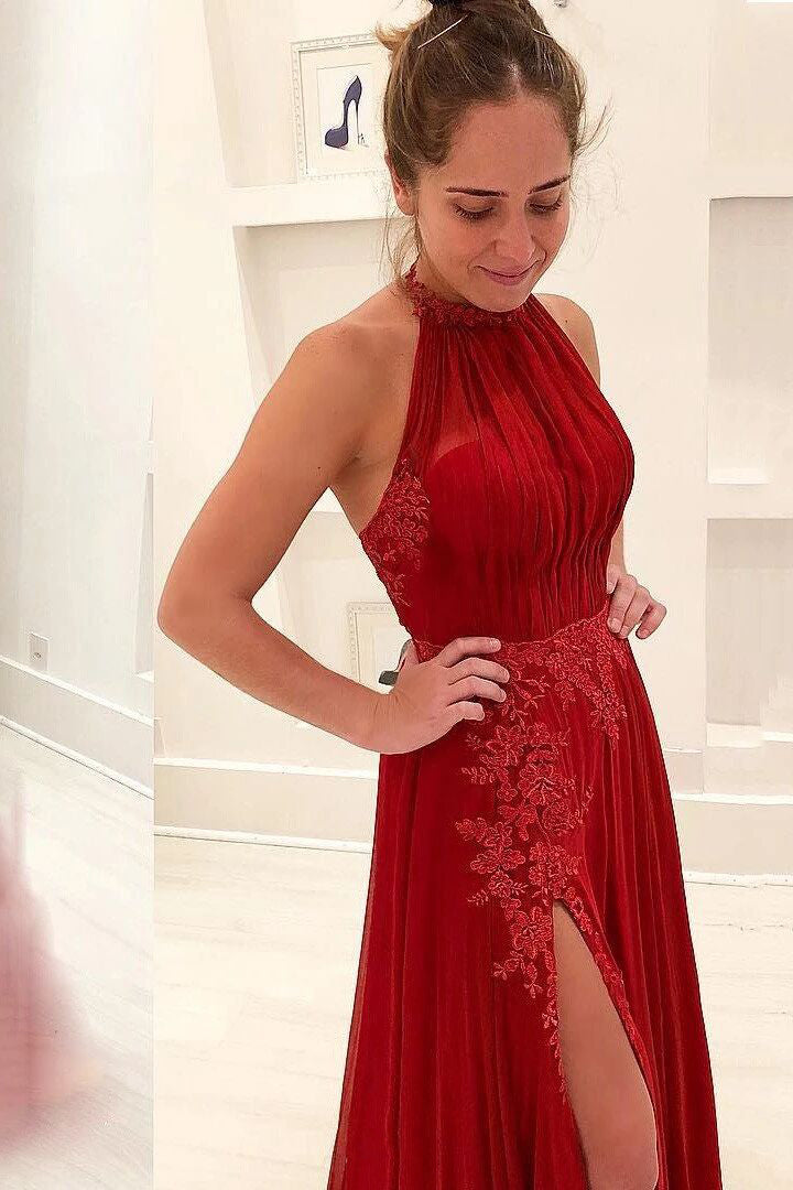 Delicate Halter Chiffon Red Prom Dress Appliques Formal Gown With Split MP1107