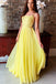 flowy yellow chiffon long prom dress backless formal evening dress