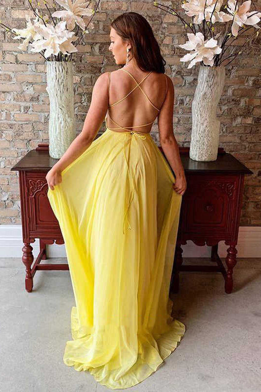flowy yellow chiffon long prom dress backless formal evening dress
