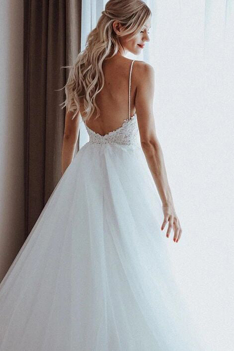Tulle A Line Beach Bridal Gown, Spaghetti Straps Backless Wedding Dress PW229