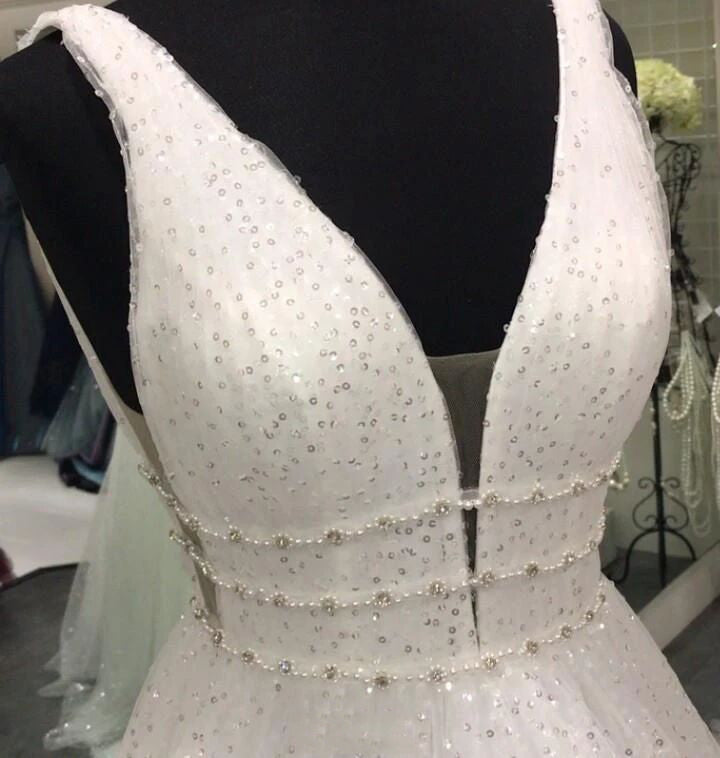 Sparkly Tulle A Line V-neck Backless Sequin Wedding Dresses PW232